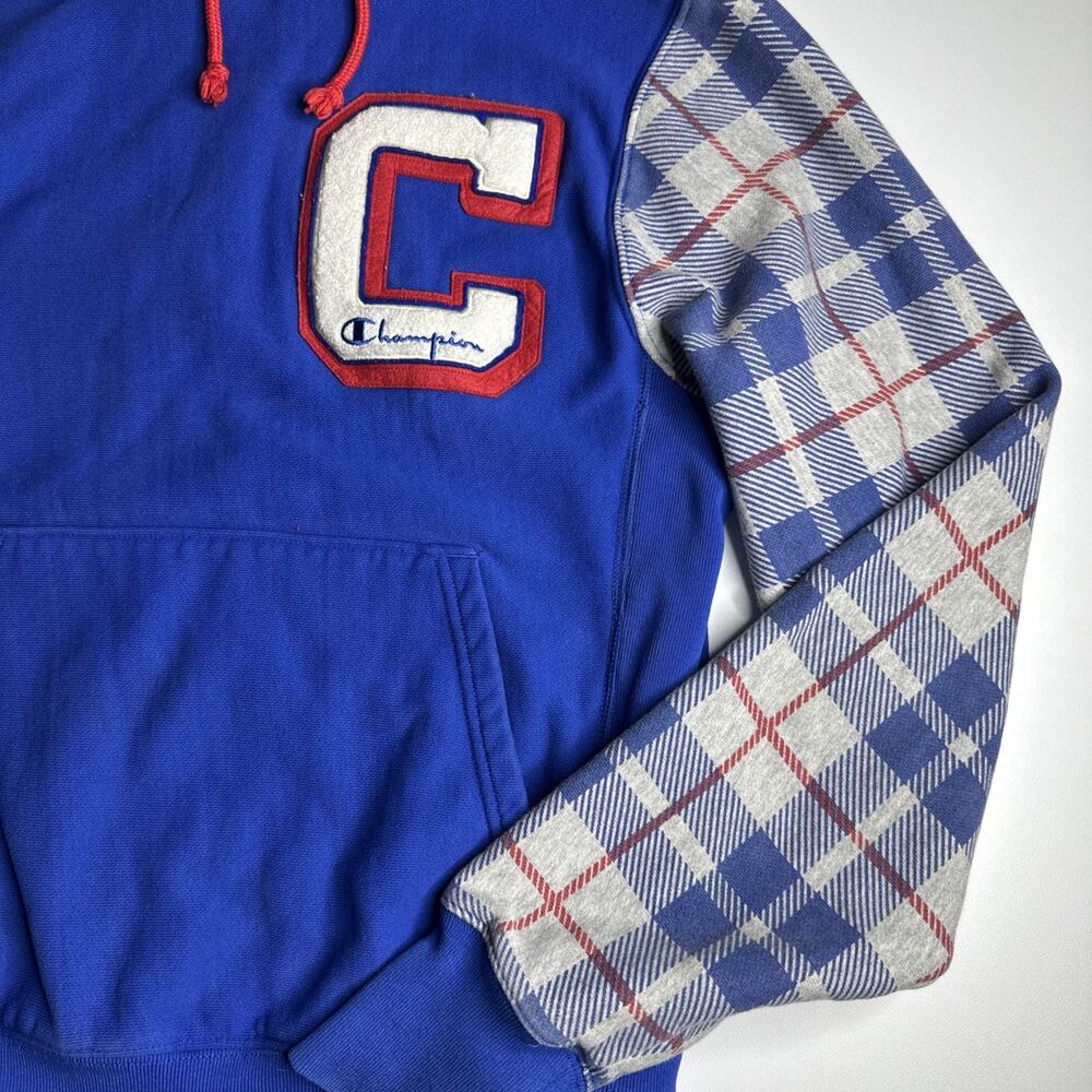 Vintage Champion Mens Small Reverse Weave Pullover Hoodie Pocket Blue Plaid - Picture 6 of 12